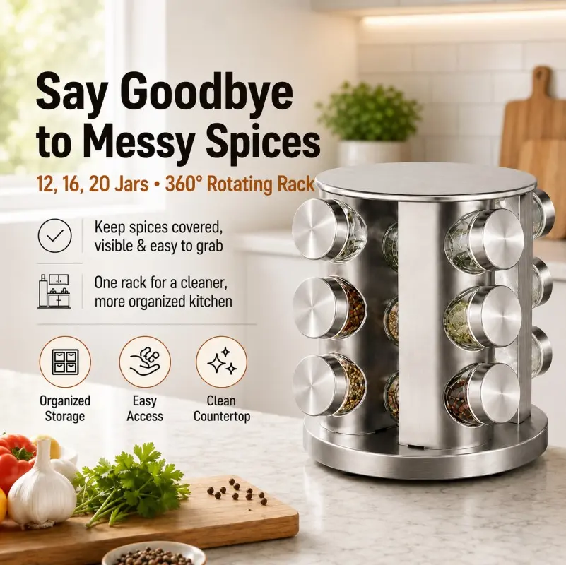 Rotating Spice Rack Organizer with Jars, 360° Revolving Spice Rack Tower for Kitchen Countertop, Cabinet or Pantry, Stainless Steel Space-Saving Seasoning Organizer with Reusable Labels, Funnel and Marker