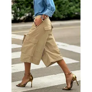 Casual Wide Leg Solid Color Cargo Shorts With Pocket For Summer & Spring, Women's Midi Shorts Fabric Womenswear Bottoms Polyester