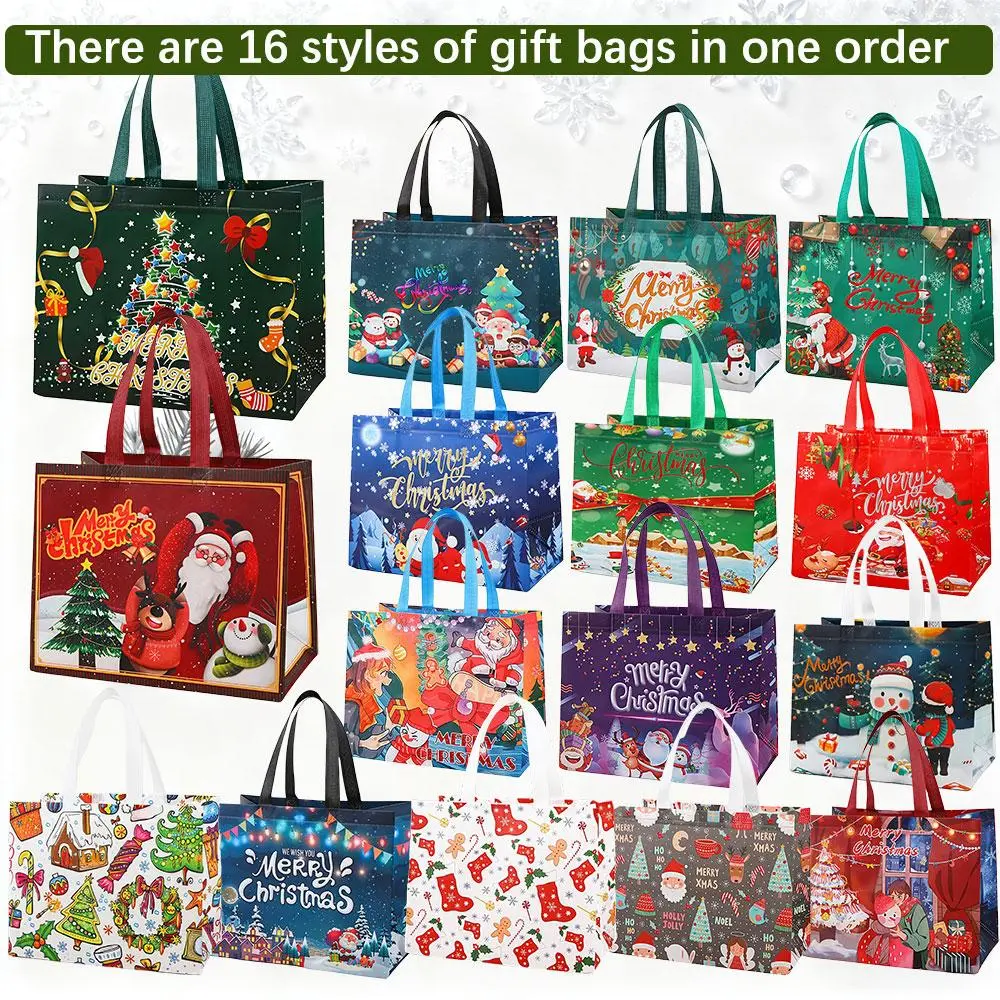 Unisex Sustainable Multiple-Pattern Christmas Gift Bags Set (16-Piece/32pcs) - Durable Water-Resistant Non-Woven Fabric, Foldable Heavy-Duty Carry Handle Totes for Festive Gifting, Holiday Storage, Youth