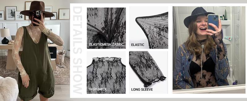 Naeduo Womens Mesh Tops Lace Long Sleeve Mock Neck Blouse Floral Sheer See Through Sexy Tops Shirt with Thumb Hole SpringStatements