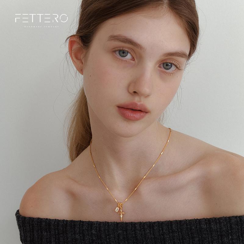 FetteroGold Plated Cross Necklace with Pink Sapphire and Crystal Charms - Twisted Rope Chain Pendant Necklace for Women