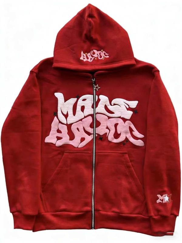 Men, women, versatile for daily use，Retro Star And Letter Printed Zipper Hoodies，Spring Autumn Harajuku Y2K Women And Men Fashion Hip Hop Long Sleeve Hooded  Avant-Garde - Street Casual    Spring/Fall    Loose    Zipper  Pocket  Patched