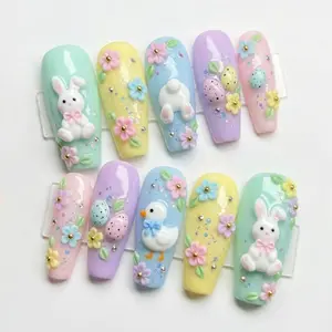 Handmade 3D Easter Bunny Press On Nails, Pastel Easter Nail Art, Christian Religious, Mosaic Spring, Floral Nail