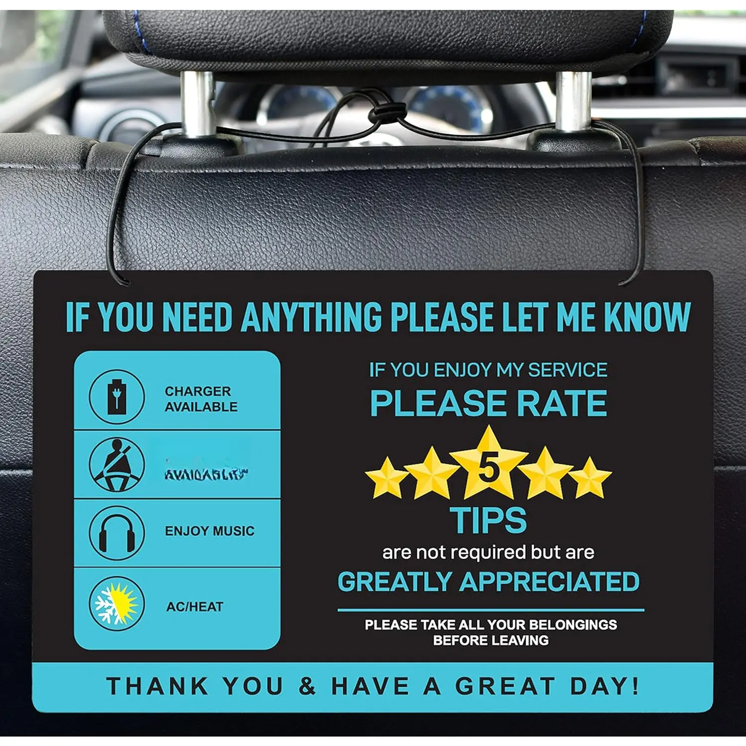 2-Pack Easy Install/Remove Car Sticker, Waterproof PVC Synthetic Car Interior Ride-Share Accessory Sign with 5-Ride Rate Incentive & Tips for Taxi Drivers