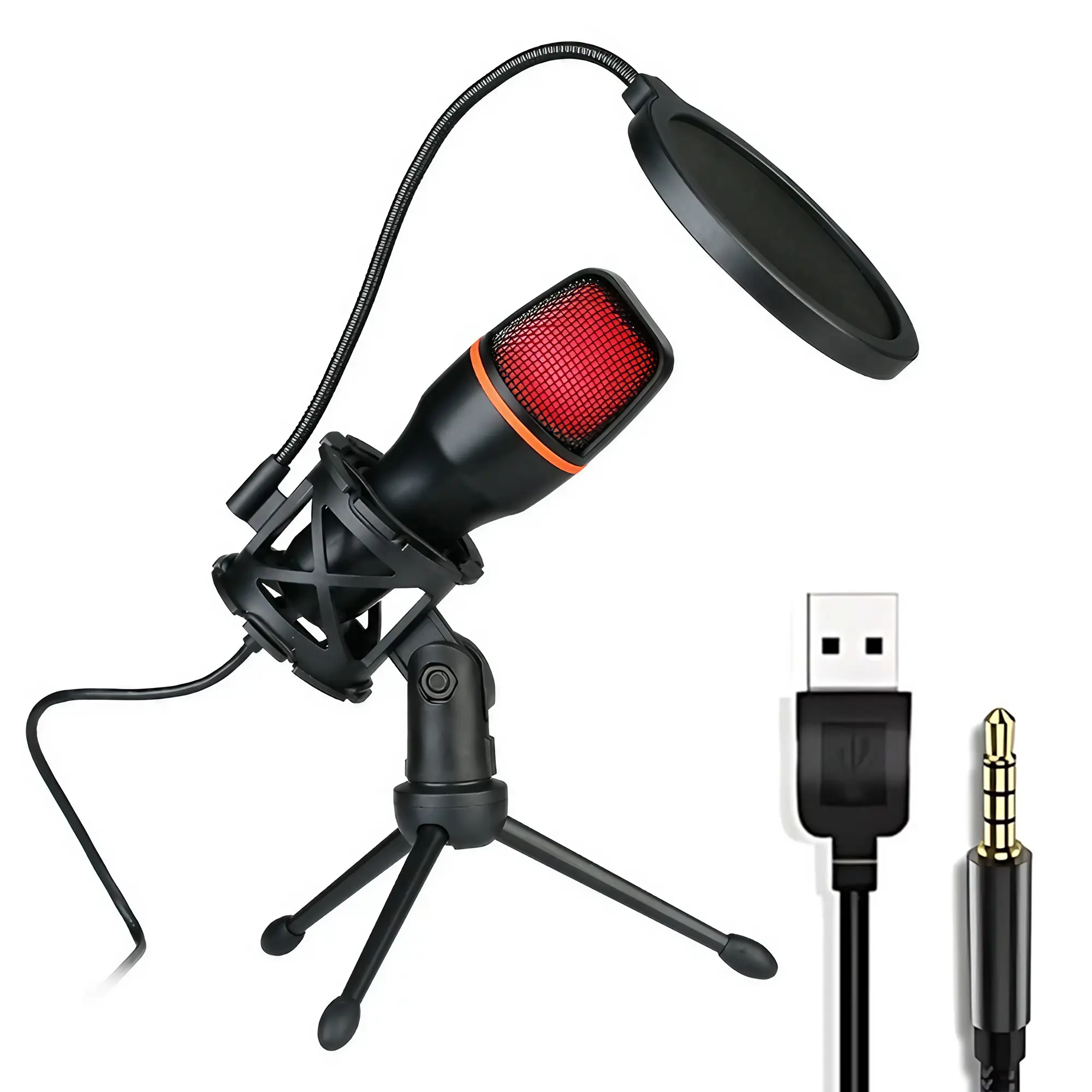 Condenser Microphone Set, Singing Mic, RGB Colorful Lighting Effect, Intelligent Noise Reduction, Live Game Recording Equipment with Adjustable Tripod, Universal Desktop Streaming Device, Wired Recording