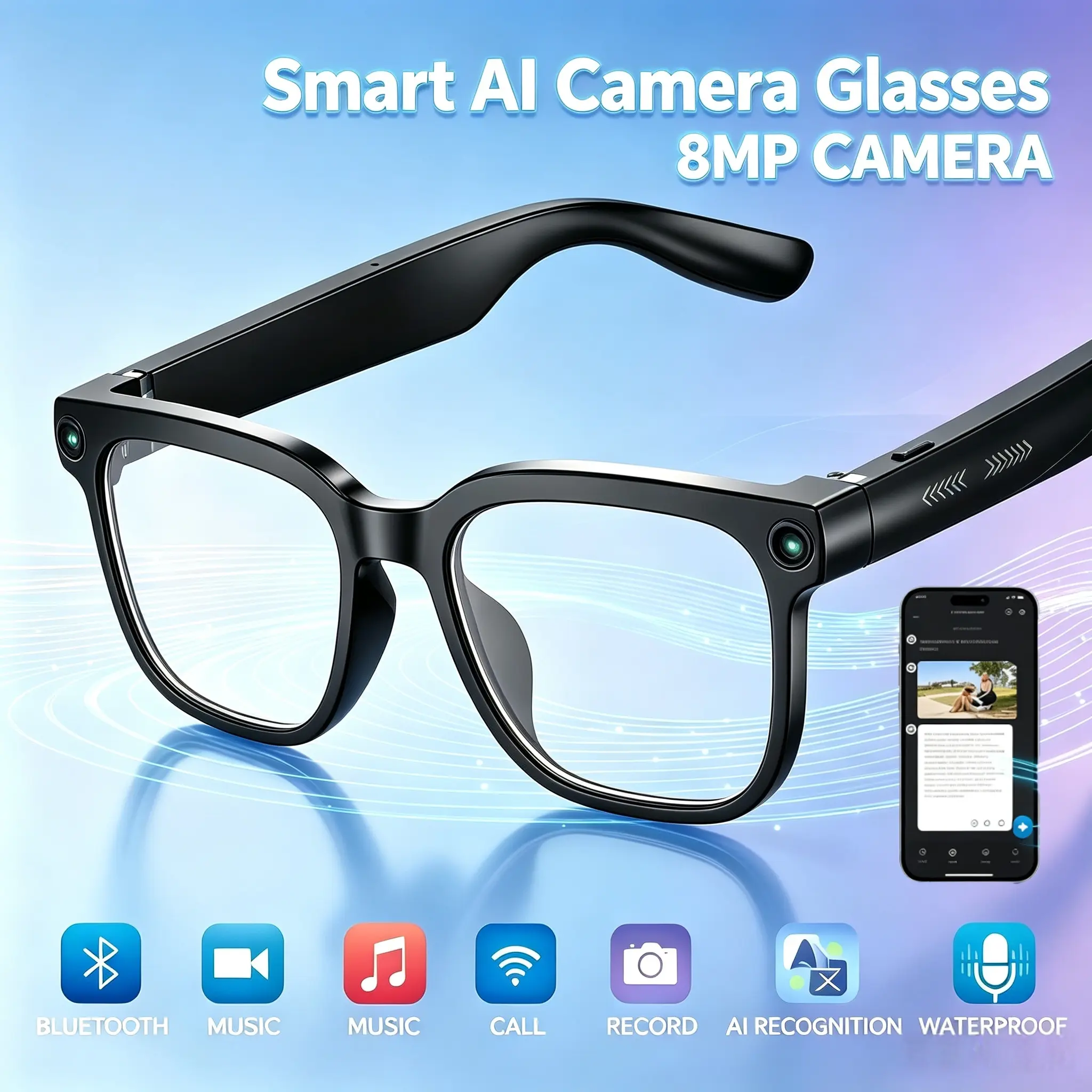 POV Hands-Free Glasses  High-definition sensor, supports 1080P waterproof video recording, Bluetooth, AI voice control, 7-hour battery life, touch adjustment, clear call, wear detection and WIFI transmission | Men's cool accessory and technological gadget