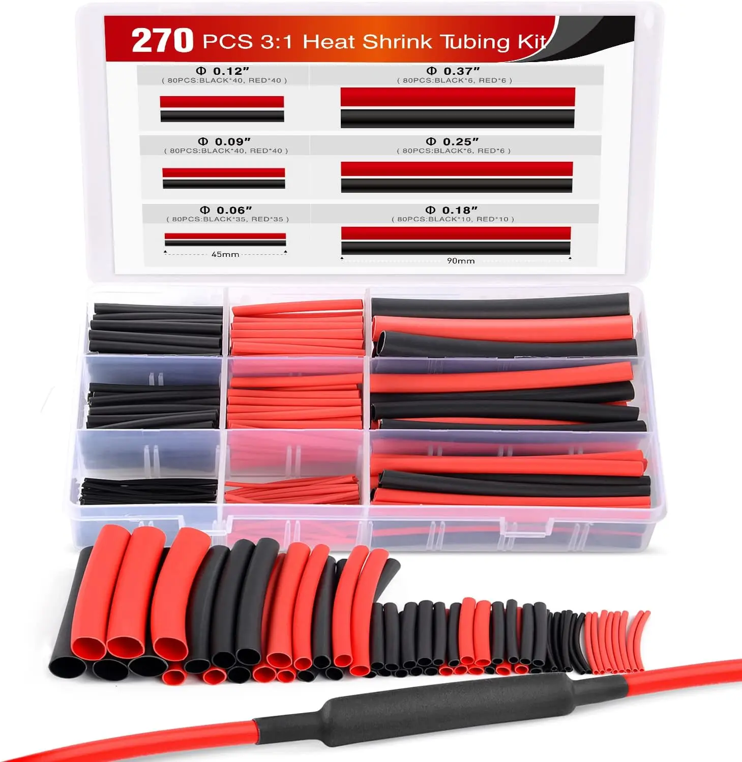 Nilight 270-Piece 3:1 Dual Wall Adhesive Heat Shrink Tubing Kit, 6 Sizes (Dia: 1/16", 3/32", 1/8", 3/16", 1/4") - DIY, Wrapping, Color Coding, Connection, Mechanical Protection Cable Sleeve Assortment for Electrical Insulation, Father's Day Gift