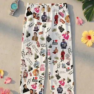 Pedro Pascal Graphics Pajamas Trousers, Long Pants With Daddy Joel Miller TLOUs Stickers On, Din Djarin, Tropical Leaf Sleepwear, Gift for Movie Actor Lovers