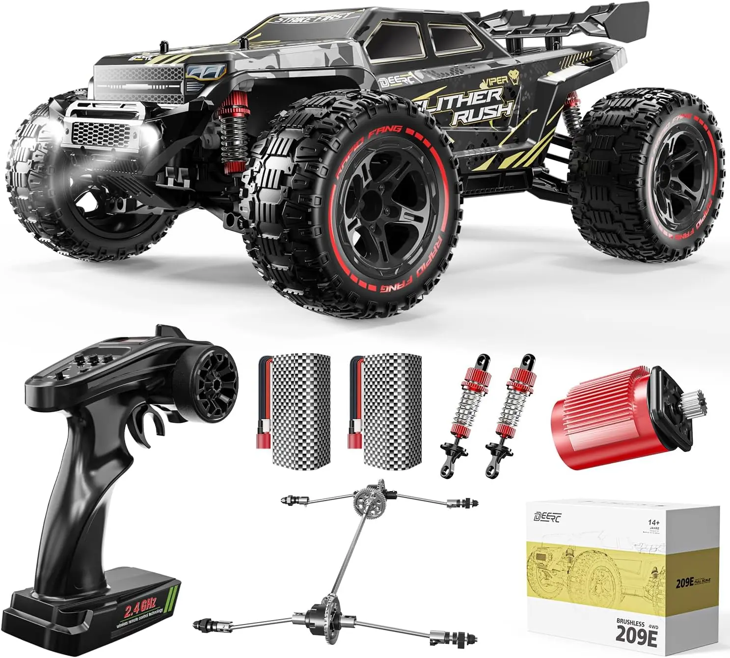 DEERC 209E 1:10 Brushless Motor Racing RC Vehicle - Hobby Grade 4WD Off-Road Truck, 60+ KMH High Speed, Graffiti Shell, Metal Parts, 2x3S Batteries, Extra Swing Arms, RC Controlled Remote Control Model Gift for Adults