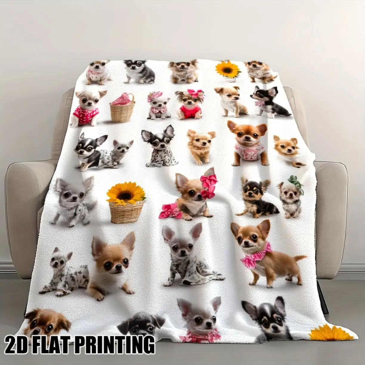 1pc Cozy Cute Chihuahuas Collage Printed Throw Blanket - Plush Flannel All-Season Soft Blanket with 20 Adorable Chihuahua Puppy Patterns, Retro Style for Sofa, Bed, Couch, Office & Camping - Perfect Gift for Dog Lovers (Multicolor)