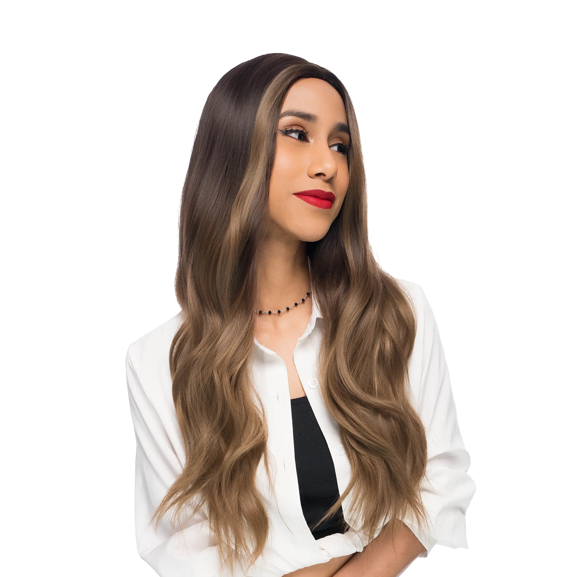 26-Inch Brown Sombre (Dark Roots) Gently Wavy Synthetic Wig | 【Heat Resistant】【Cap Included】 | 51FSGB