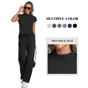 Casly Lamiit Two Piece Sets for Women 2026 Summer Travel Outfits Mock Neck Cap Sleeve Tops Lounge Set Wide Leg Pants, Minimalist, Matching,summervibes outdoorfun
