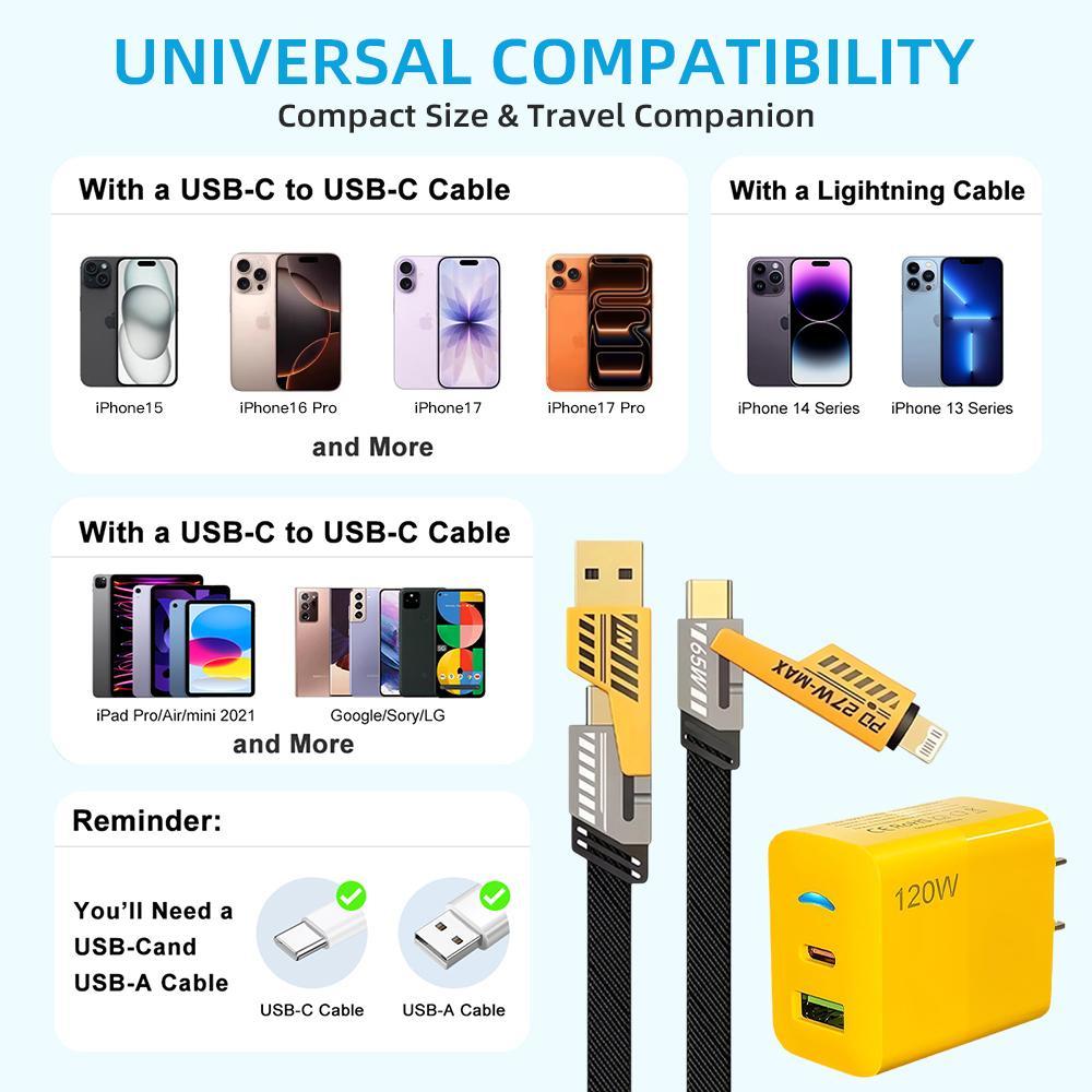 2-Pack Multiple Ports USB C/USB A Fast Charger Adapter with 4-in-1 USB C Cable 5FT Fast Charging Cord, Supports Up to 120W, Compatible with iPhone17/16/15/14/13/12/Pro Max iPad Samsun