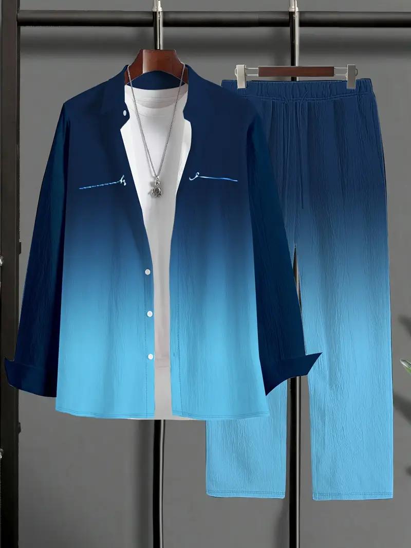 Men's Plus Size Casual Sport Suit: Gradient Long Sleeve T-Shirt + Pocket Drawstring Pants - Polyester Blend, Machine Washable, PLUS SIZE Men's Plus Size Casual Sport Suit: Gradient Long Sleeve T-Shirt + Pocket Drawstring Pants - Polyester Blend, Machine Washable, PLUS SIZE