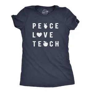 Womens Peace Love Teach T Shirt Funny Elementary High School Teacher Appreciation Tee Funny Womens T Shirts Cute Vintage Fashion Casual Ladies T-Shirt Gift Funny Teacher Top Women's Novelty Tees Navy
