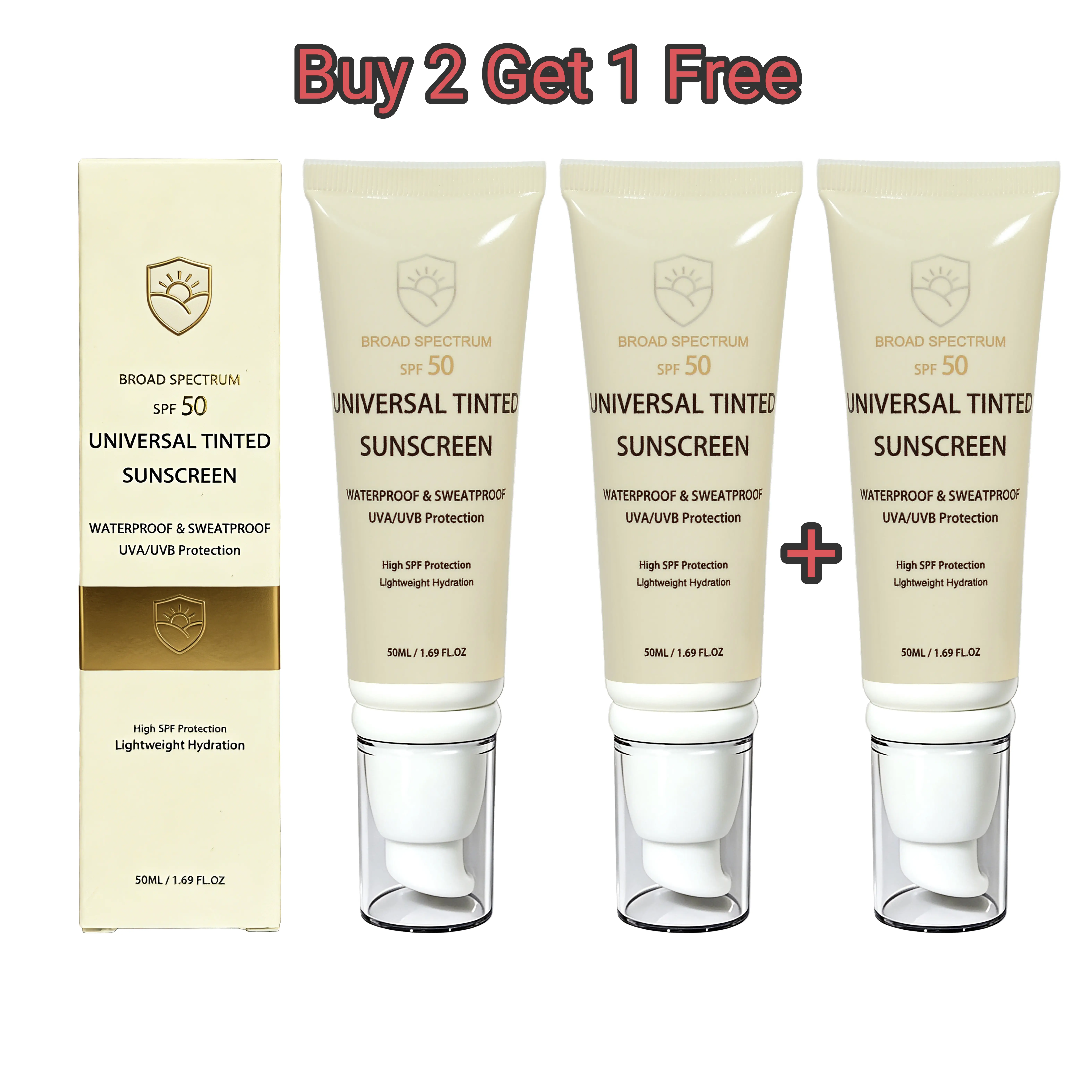 【Buy 2 Get 1 Free】Universal Tinted Sunscreen SPF 50+，Hydrating Tinted Sunscreen, Lightweight，Facial Sunscreen for Daily UV Sun Protection,Moisturizing,travel essentials