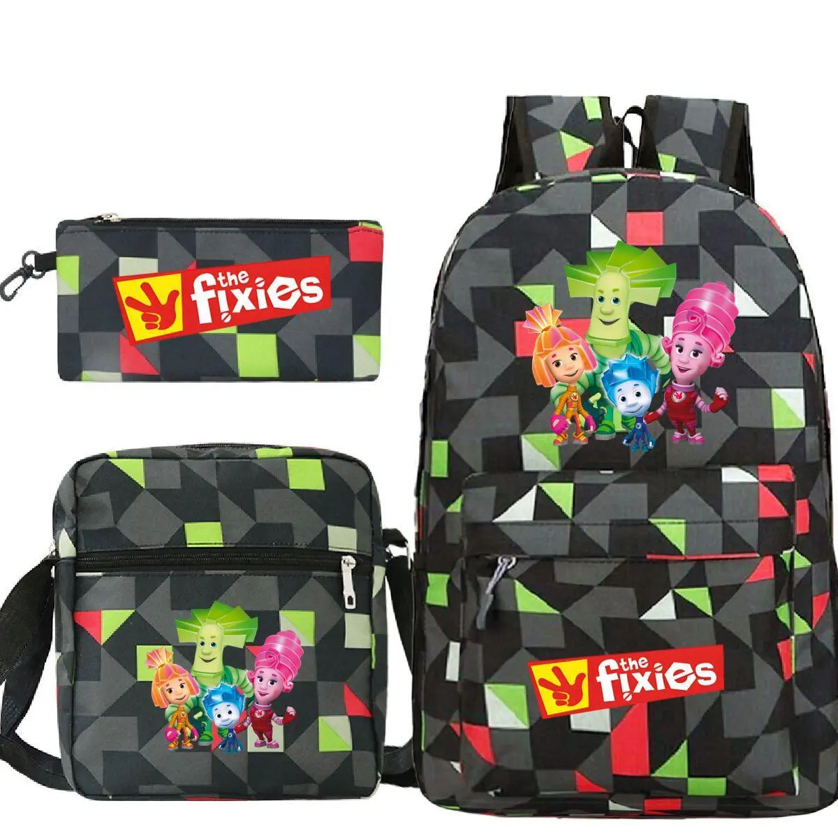 The Fixies Cartoon Triangle Geometric Print 3 In 1 Backpack Set Kids School Daypack Crossbody Bag Pencil Case Combo