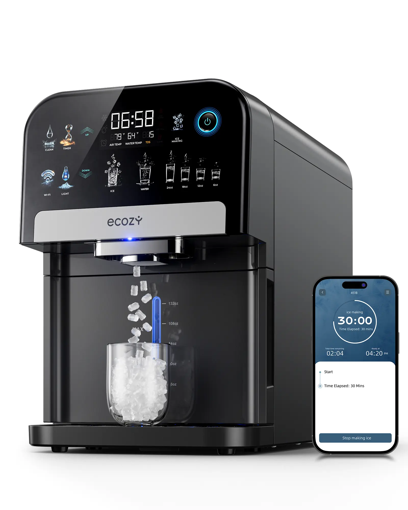 [Upgraded Version] ecozy smart Nugget Ice Dispenser, Ultra-quiet 2-in-1 Pebble Ice Machine Countertop & Water Dispenser with App Control, Self-Cleaning, Auto Lighting, TDS Monitor, Measured Dispensing, 33Lbs/Day, Works with Alexa