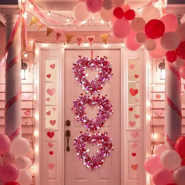 Valentine's Day Decoration Heart Wreath 8/6/3 Pcs Pink Heart Shaped Wreath for Front Door Romantic Decor Tinsel Heart Door Hanger Wreath for Window Wall Fireplaces Anniversarry Wedding Birthday Party Home Kitchen Cabinet Indoor Outdoor Spring Decor