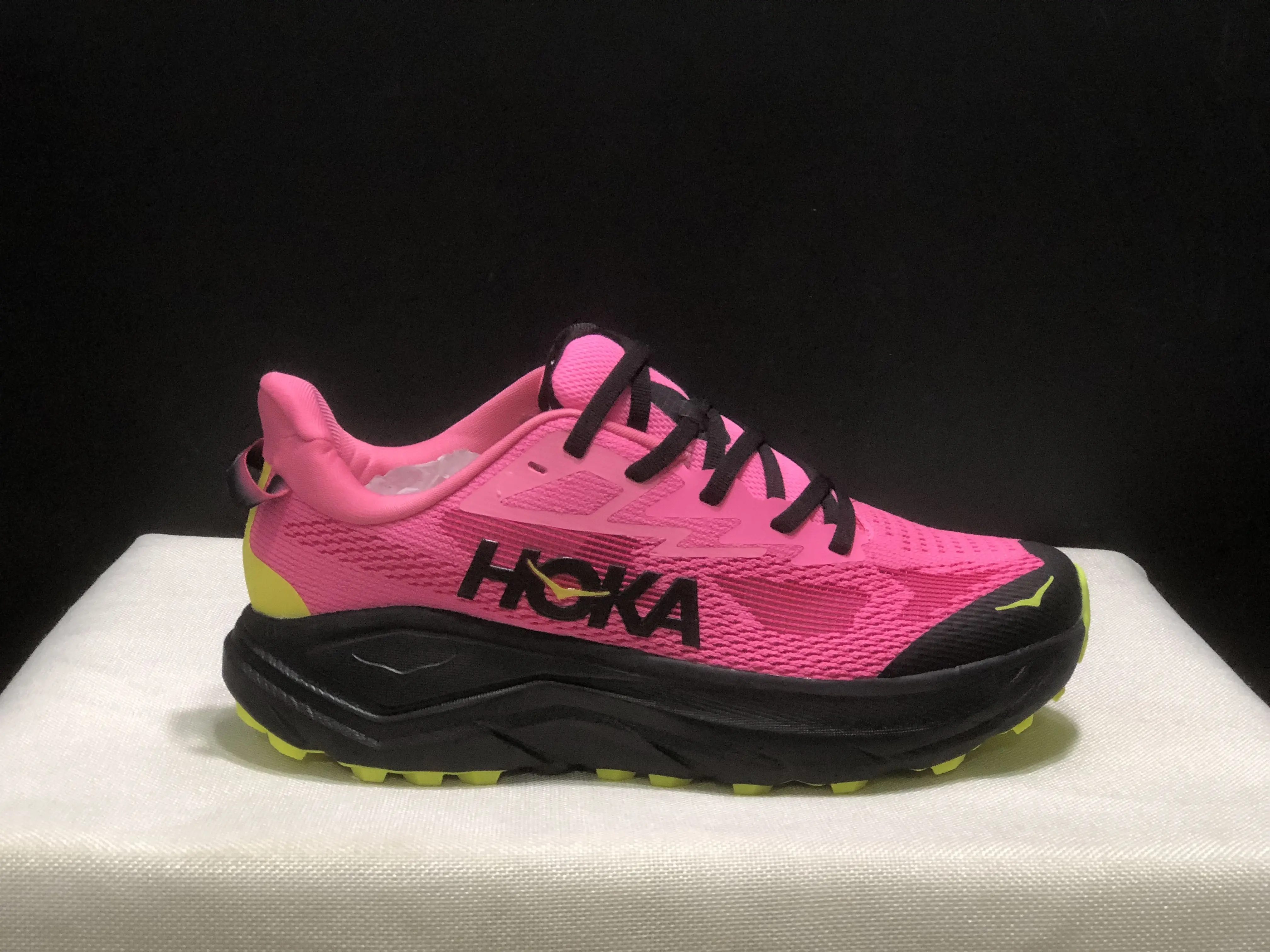 Lace‑Up Trail Running Sneakers, Bright Pink Breathable Mesh Upper, Black Foam Midsole, Lime Rubber Outsole, Rugged Grip Cushioned Outdoor Athletic Shoes