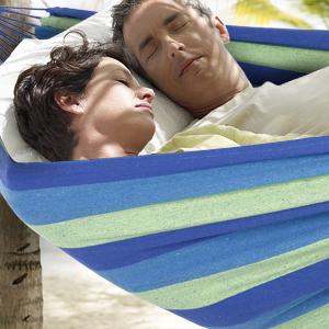 ONCLOUD Extra Long and Wide Double Hammock for Travel Camping Backyard, Porch, Outdoor or Indoor Use, Carrying Pouch Included (Blue/Green Stripes)