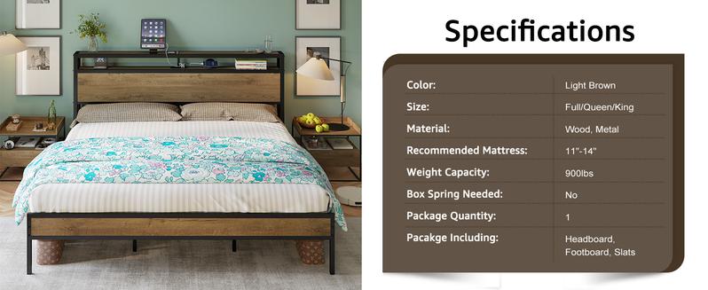 AMERLIFE Industrial Full /Queen/King Size Bed Frame,  Rustic Metal Bed Frame with 2-Tier Storage Headboard and Charging Station, No Box Spring Needed/No Mattress/Small Unique Home Furniture Room/Best Gift Ideas/Christmas Gifts