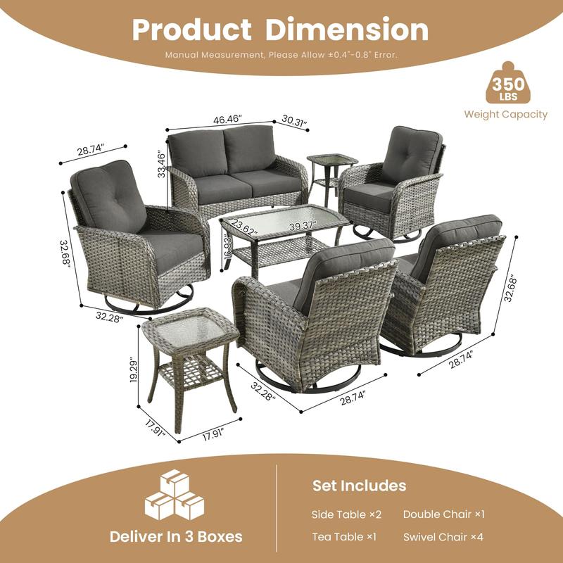 8-Piece Wicker Patio Furniture Set, All-Weather Rattan Conversation Bistro Loveseat Chair and Patio Rockers Set for Backyard, Balcony and Deck with Soft Cushions and Metal Table