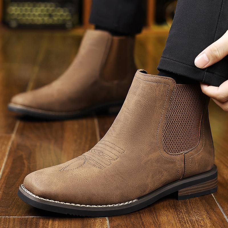 Men's Western Cowboy Boots Square-Toe Chelsea Ankle Boots Work Boots Casual Vintage Fashionable Classic Comfortable Versatile Available in Khaki and Black Outdoor Casual Closed-Toe Style