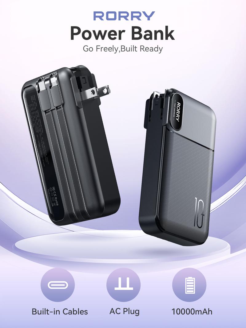 RORRY 10000mAh Portable Charger with Built-in Cables & AC Wall Plug 22.5W Fast Charging for iPhone Samsung Galaxy LG iPad Lightweight Power Bank Smartphone Compact Battery Packs Foldable   valentinesdaygiftideas