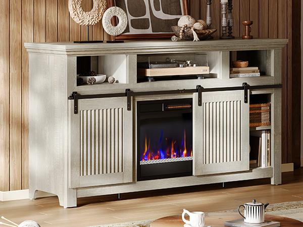 Bestier 60" Farmhouse Fireplace TV Stand for 65" TVs, Sliding Barn Door Entertainment Center with Electric Fireplace Heater, Adjustable Shelves & Storage Cabinets for Living Room