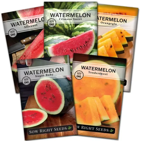 SOW RIGHT SEEDS 5-Variety Watermelon Vegetable Seeds Collection - Sugar-Rich, Tendersweet, Sweet and Refreshing, Large Harvest, Heat-Lovers, Full Sun, Colorful Shapes, Ready-to-Plant Packets for Outdoor Hotter Climate Gardens