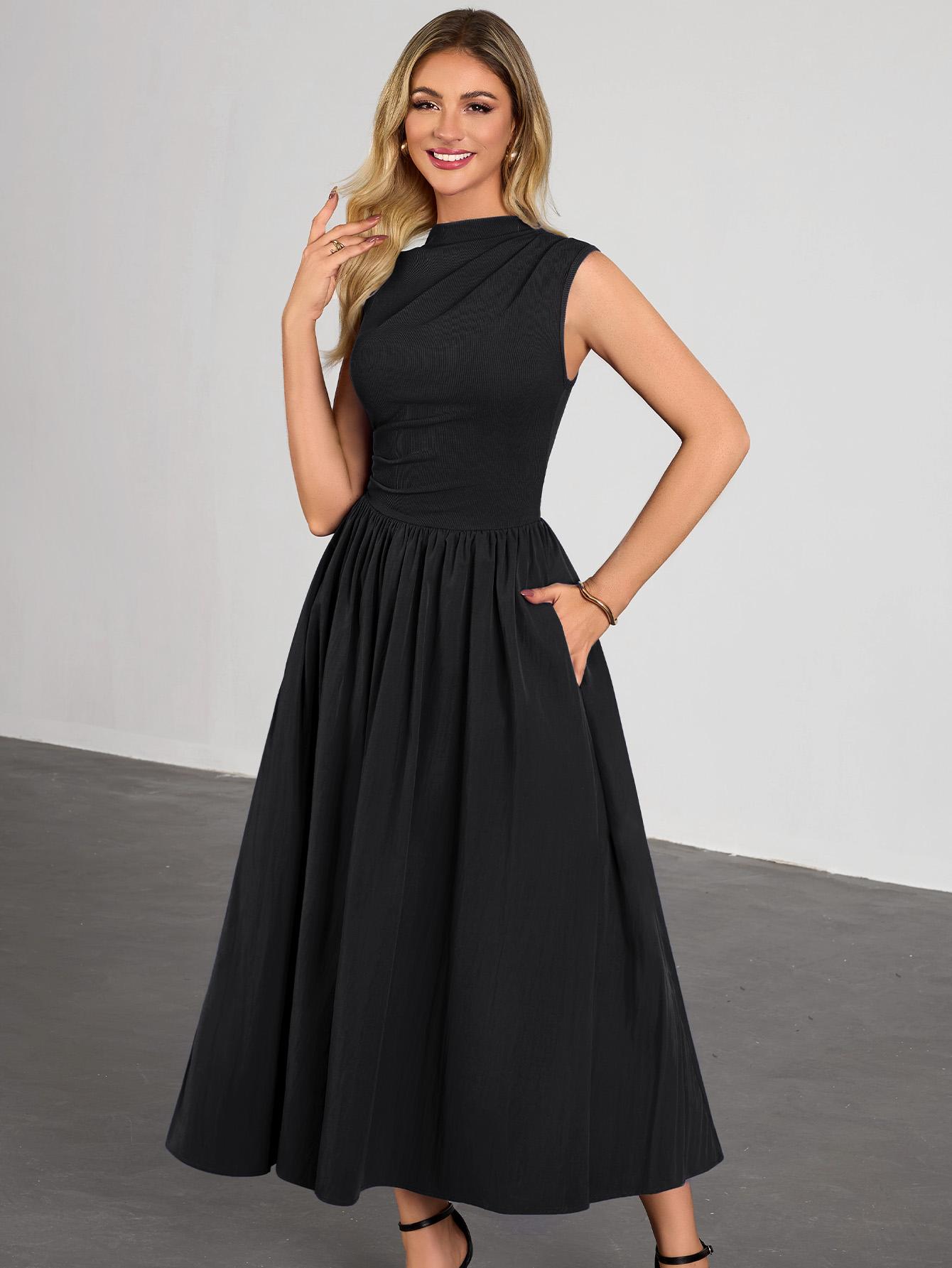 Miusol 85234B Women's Summer Maxi Dresses for Women 2026 Spring Sleeveless Half Collar Casual Ruched Swing A-Line Dress with Pocket Sundress Flowy Beach Dress