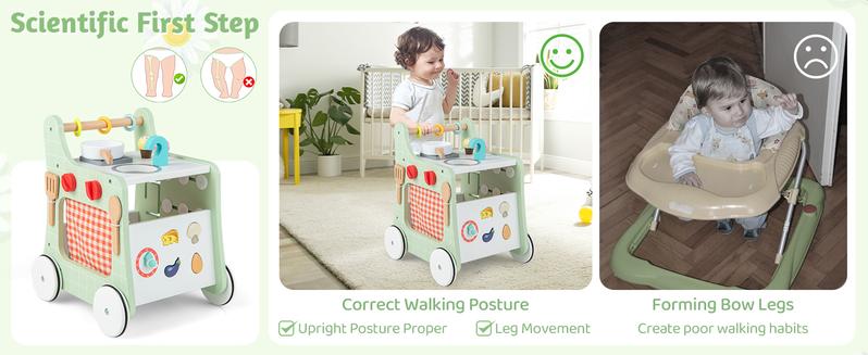 Costzon Montessori Educational Toy, Push and Pull Sit-to-Stand Learning Walker Activity Center, Wooden Baby Walker,Toddler Pretend Play Playset,Push Walker for Boys Girls