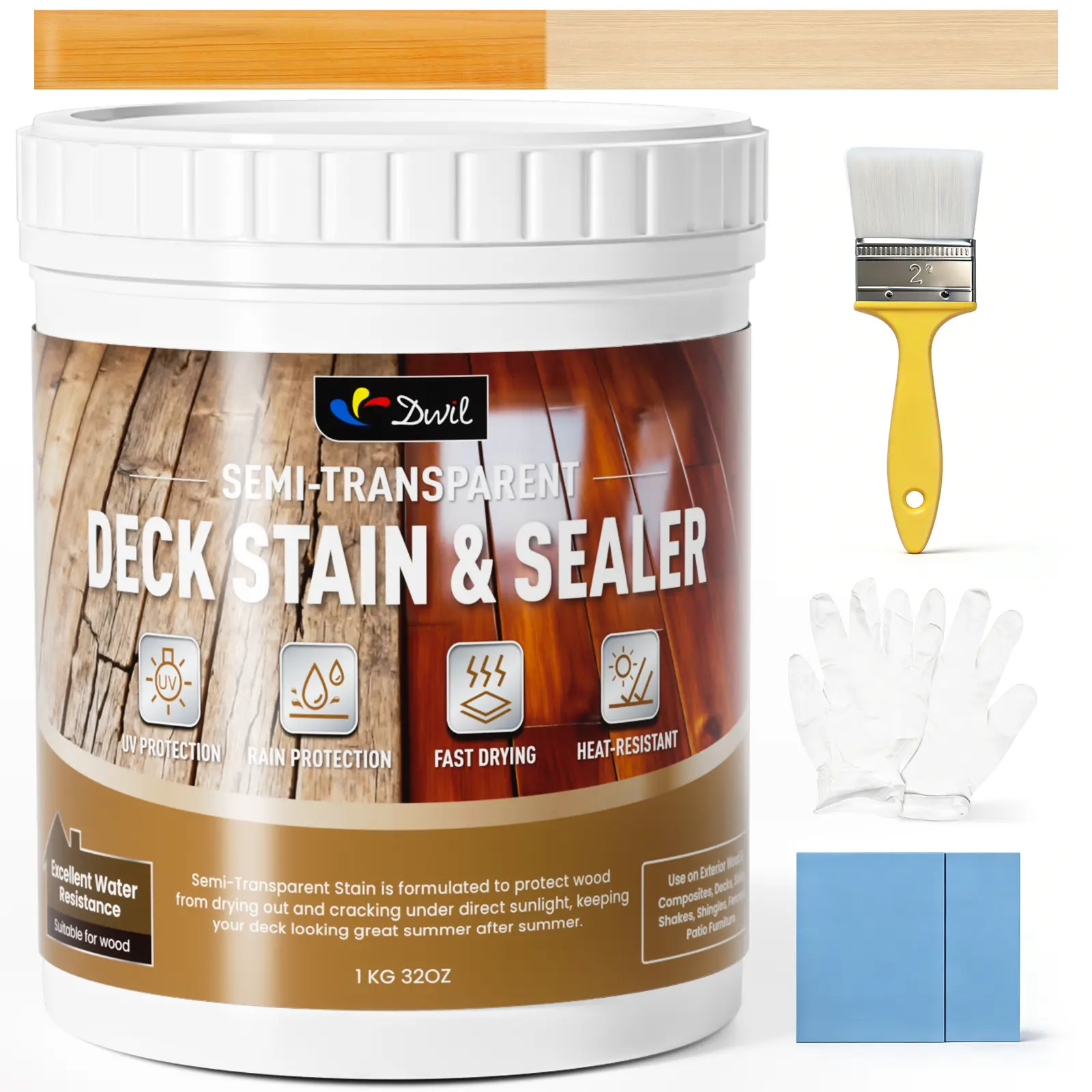 Water-Based Wood Stain & Sealer, Semi-Transparent Exterior Formula, Fast-Drying, Non-Toxic, Low-Odor, Waterproof, Weather-Resistant for All Wood Surfaces