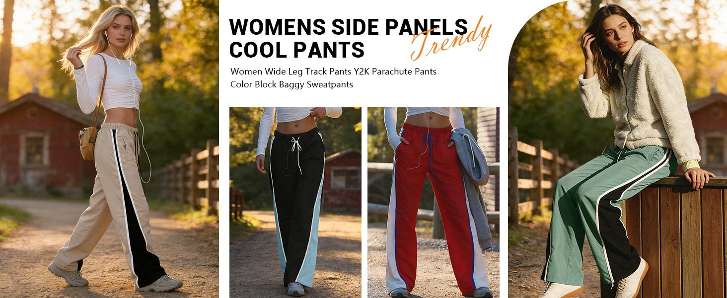 YeeZaa Stripe Track Pants for Women Retro Athletic Wide Leg Pants High Rise Drawstring Waist Color Block Street to Gym Versatile Styling TikTok Viral Fashion All Season Everyday Streetwear