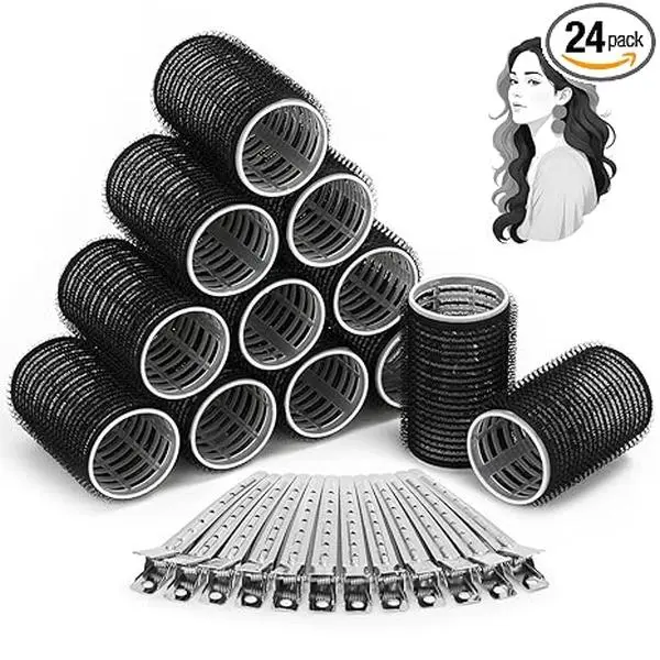 Large Hair Rollers Set – 24 Pieces with 12 Jumbo Rollers & 12 Clips for Long Thick Hair – Volumizing Curlers for Big Volume, Blowout Look – Black Salon Hair Styling Kit