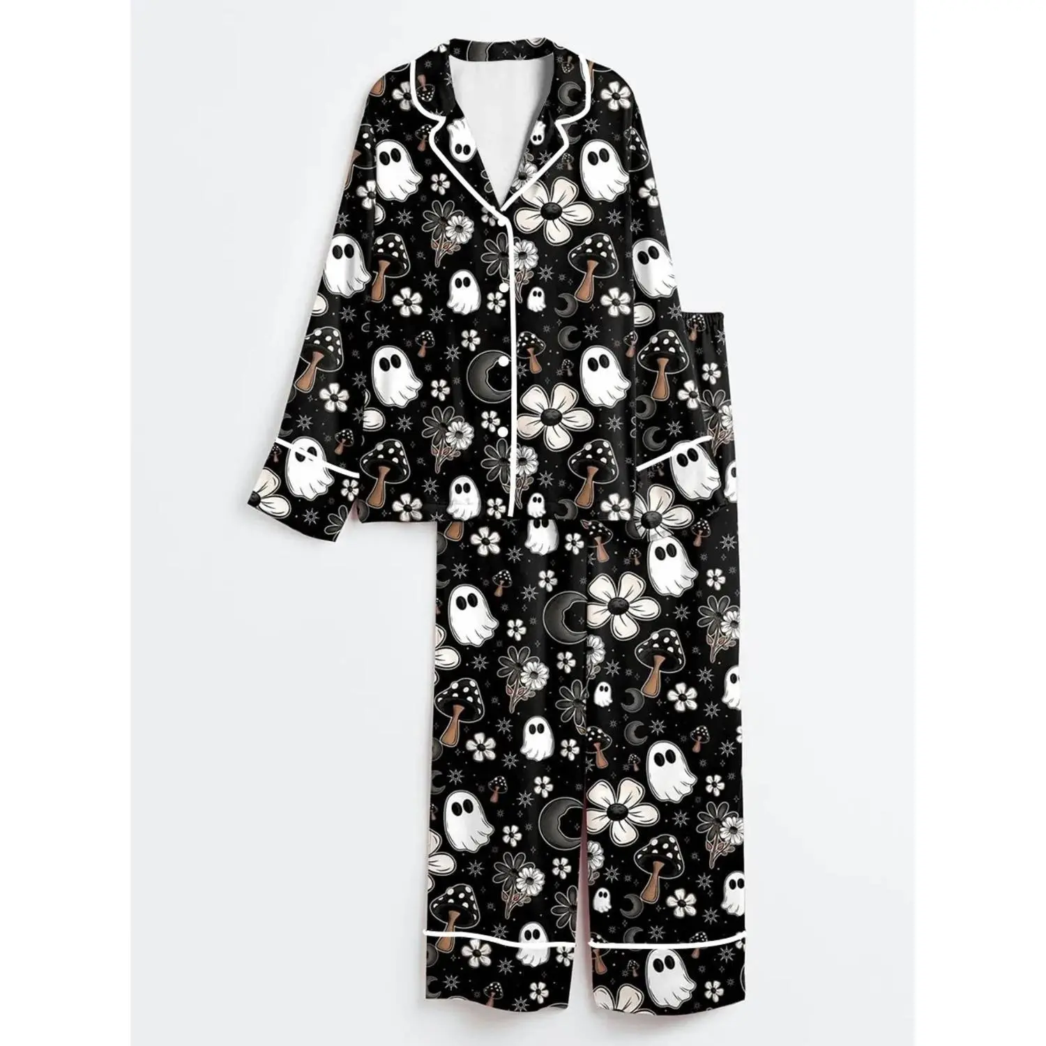 Ghostly Mushroom Moon Pajama Set - Long Sleeve Two-Piece Sleepwear for All Seasons