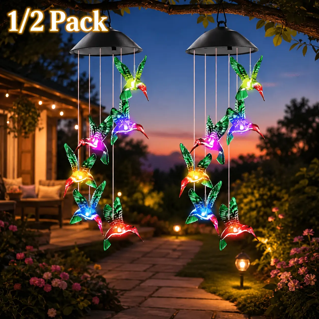 Solar Wind Chimes - 1/2 Pack Color-Changing Hummingbird/Butterfly Design, 20in Colorful Lights Outdoor Garden Accessory, 6-8H Direct Sunlight Charge, Thoughtful Gift for Valentines Day, Birthday, Women’s Entryway Patio Decor