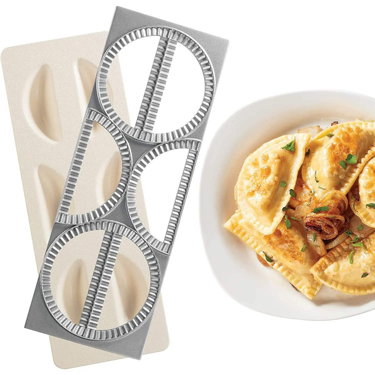 CucinaPro Pierogi maker w Tray and Press - Makes 6 Pierogis  Dumplings  or Potstickers at Once - Stainless Steel  Durable Construction
