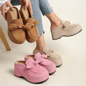 Women'S Bow Platform Mules | Slip-On Loafers, Chunky Heel Backless Clogs, Casual Daily Wear Shoes in Pink, Beige, Brown | Fabric Upper, TPR Sole, Polyurethane Lining, Wide Fit, Women Shoes