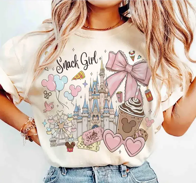 Coquette Bow Fairytale Castle Snack Graphic T-Shirt, Retro Global Food Festival Tee, Girls Trip Vacation Outfit, Unisex Foodie Gift