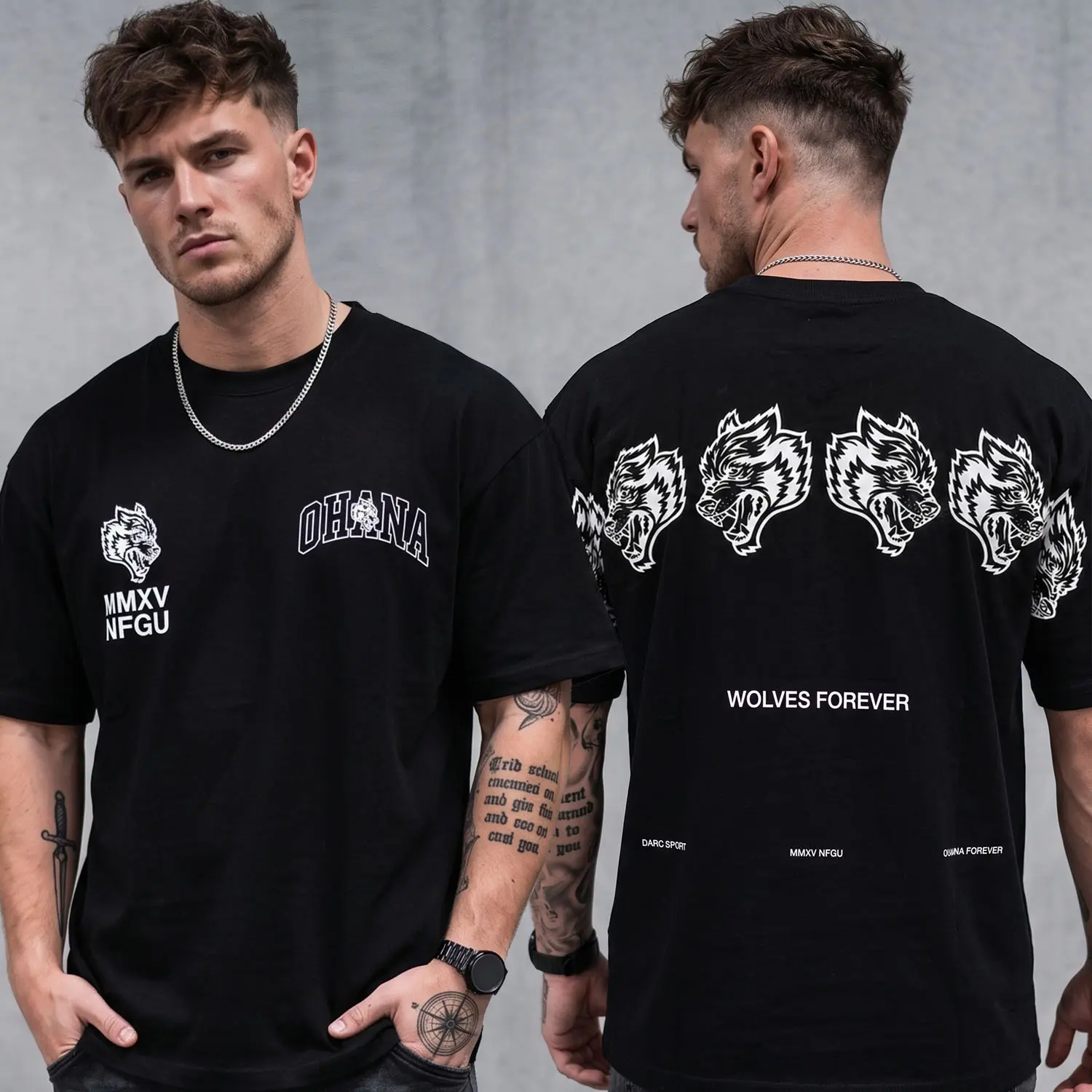OHANA Wolves Forever Oversized Graphic Tee, Vintage Wolf Streetwear TShirt for Men & Women, Everyday Workout Top
