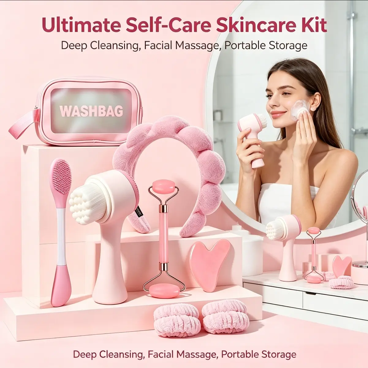 8-piece beauty tool set with packaging, including a roller massager, a gua sha board, a silicone facial mask brush, a velvet headband, and a 3D face brush. A professional facial massage and facial care set, facial care tools