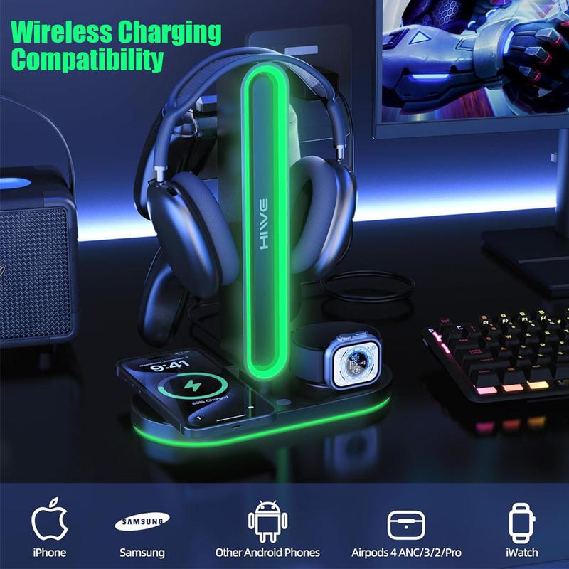 HiWe Universal RGB Gaming Headphone Stand with 2 Controller Holder, Wireless Charger for iPhone/iWatch,  Non-Slip Base, with USB-A & USB-C Outputs