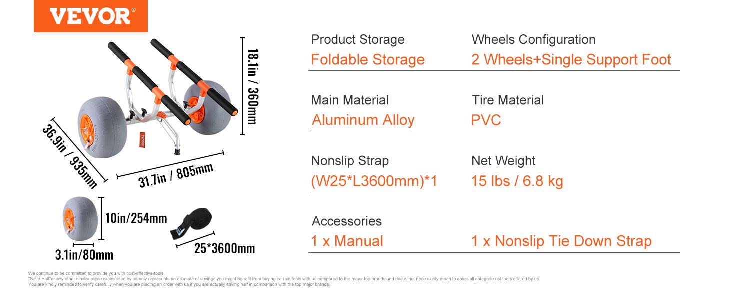 【fathersdaygift】VEVOR Heavy Duty Kayak CartFoldable Canoe Trolley Cart with 12'' TiresAdjustable Width 6.69"-17.32",350 Lb Weight Capacity Kayak Trolley for Kayaks Canoes Paddleboards Float Mats Jon Boats