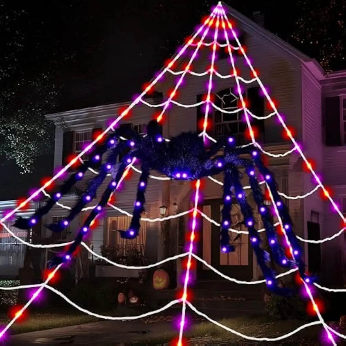 Halloween Spider Web and 59'' Giant Light-up Spider, 16.4 x 15.7 Ft Large Lighted Triangular Spiderweb with 8 Lighting Modes for Patio, Garden, Yard Haunted House Indoor Home Party Outdoor Decor