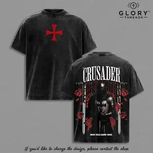 Crusader Vintage Washed Oversized T-Shirt, Templar Cross Knight Graphic Tee, Medieval Christian Streetwear Top, Heavy Cotton Dark Gothic Unisex Shirt with Roses, Retro Warrior Faith Style