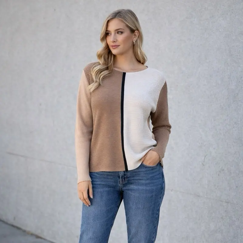 Premise Woman Colorblock Ribbed Sweater – Taupe & Cream | Soft Viscose Blend Casual Knit Tops Plus Size 1X-3X Womenswear