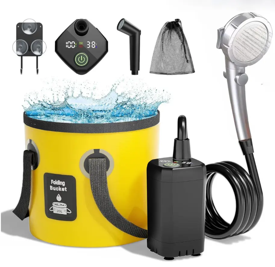 Portable shower equipment, rechargeable shower pump, USB charging, digital display, adjustable shower head and collapsible bucket outdoor shower set, suitable for camping, hiking, beach, travel, car washing, pet grooming, and yard cleaning.