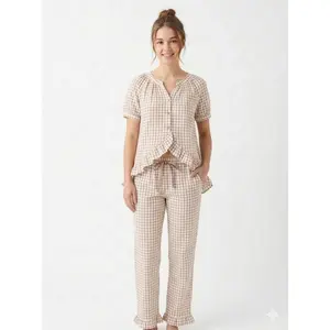 Pixel Rose Gingham Ruffle Hi-Lo PJ Set - 100% Cotton Pajamas